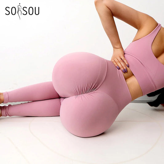 SOISOU Nylon Gym Yoga Pants Women Leggings For Fitness High Waist Long Pants Women Hip Push UP Tights Women Clothing 2 Types